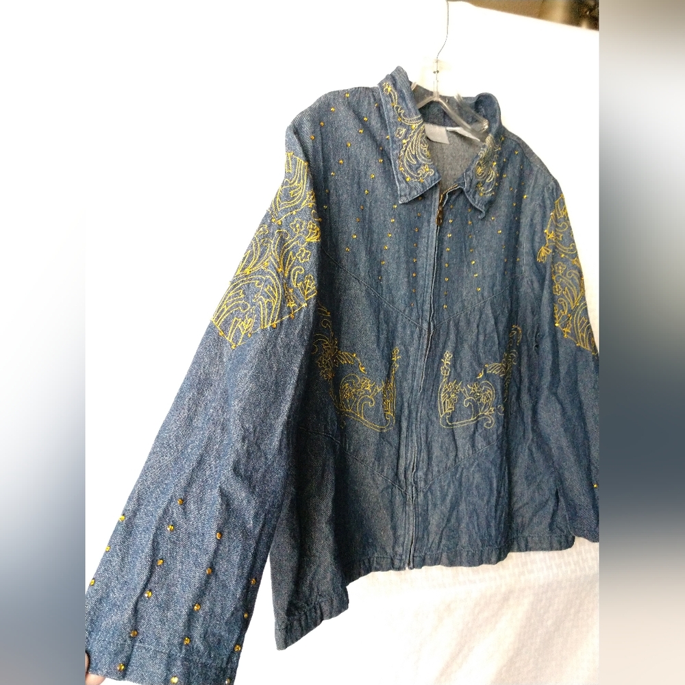 Blair Denim Jean Jacket Shacket Zip Front Rhinestones & Embroidered Size Large - Picture 2 of 6